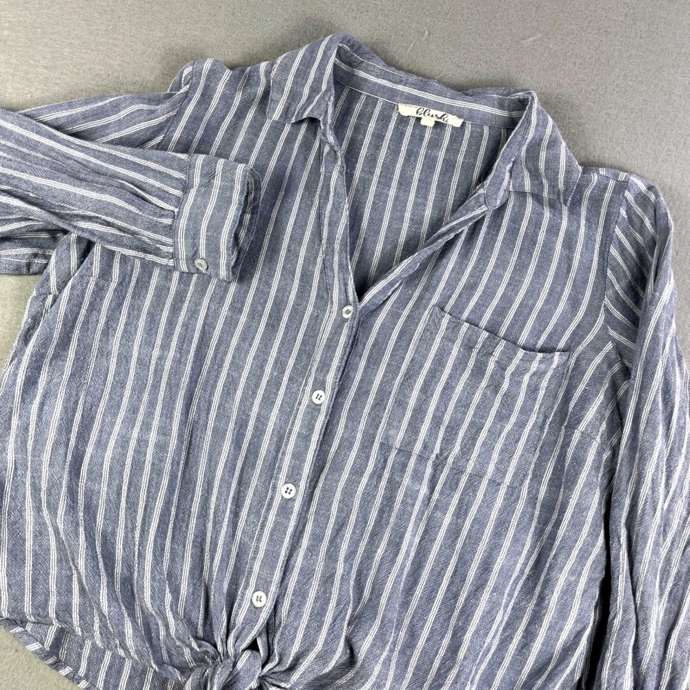 Blush 1X Blue White Stripe Button Down Shirt‎ Tie Front Long Sleeve Womens